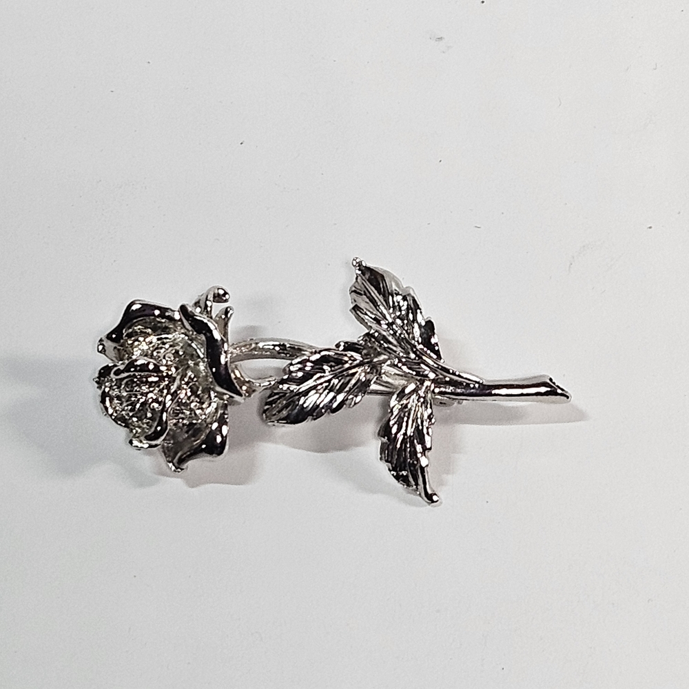 Vintage Silver Brooch Pin 3D Rose Flower